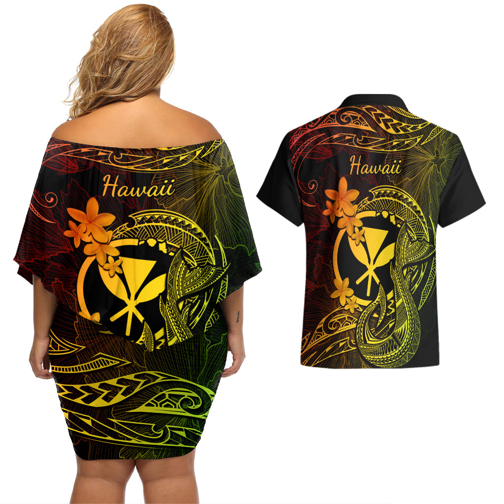 Hawaii Couples Matching Off Shoulder Short Dress and Hawaiian Shirt Fish Hook Tattoo Mix Polynesian Plumeria Reggae Version LT14 - Polynesian Pride