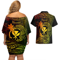 Hawaii Couples Matching Off Shoulder Short Dress and Hawaiian Shirt Fish Hook Tattoo Mix Polynesian Plumeria Reggae Version LT14 - Polynesian Pride