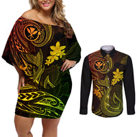 Hawaii Couples Matching Off Shoulder Short Dress and Long Sleeve Button Shirts Fish Hook Tattoo Mix Polynesian Plumeria Reggae Version LT14 Reggae - Polynesian Pride