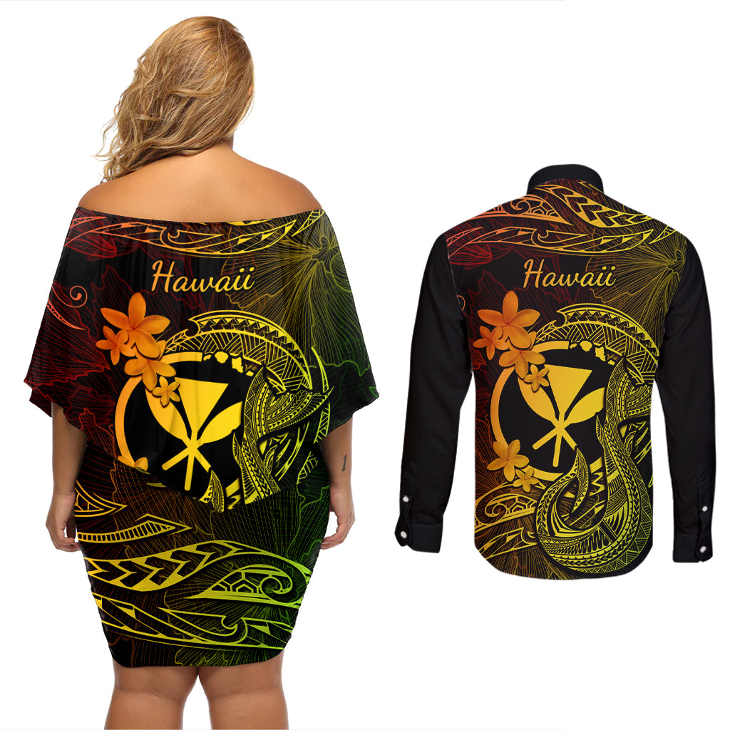 Hawaii Couples Matching Off Shoulder Short Dress and Long Sleeve Button Shirts Fish Hook Tattoo Mix Polynesian Plumeria Reggae Version LT14 - Polynesian Pride