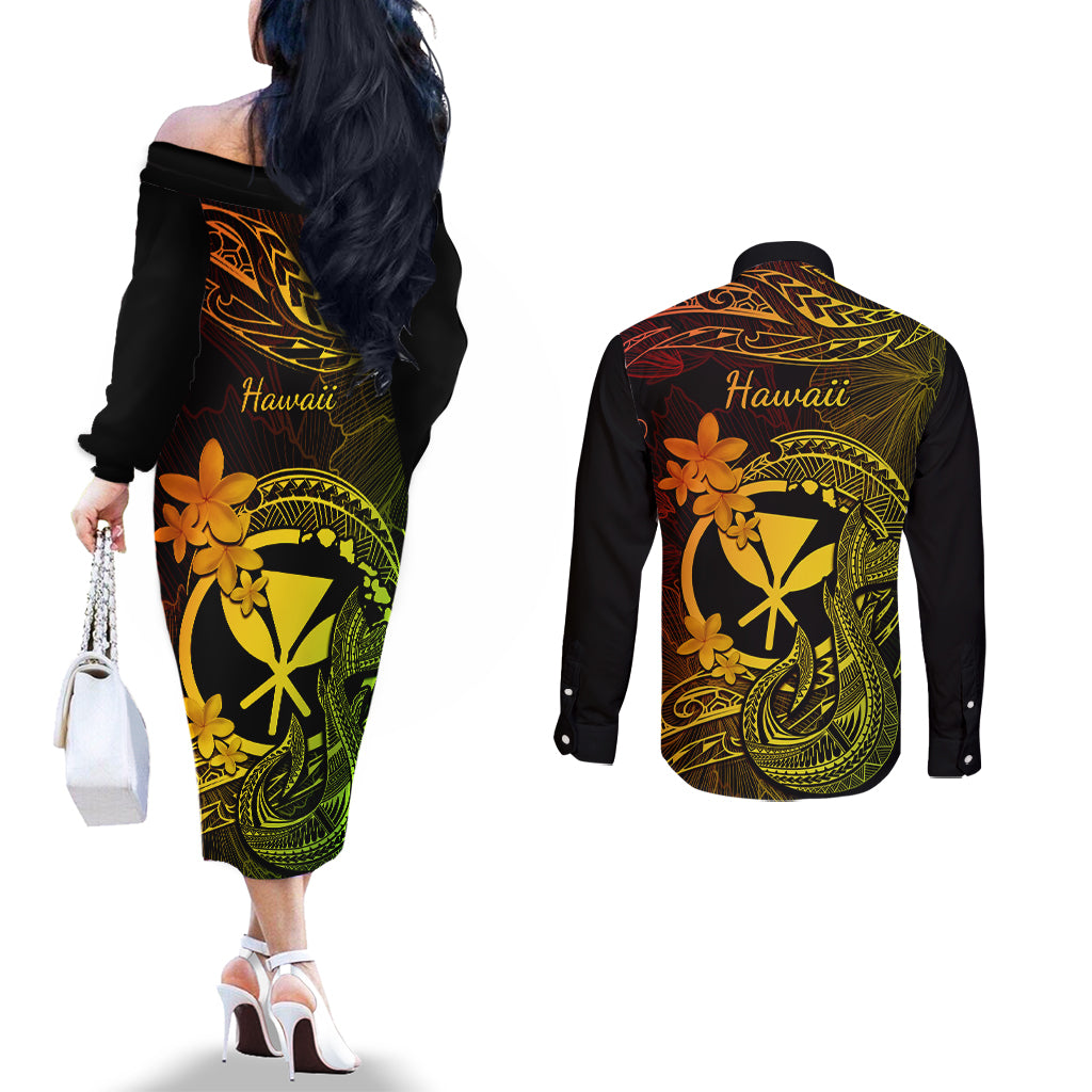 Hawaii Couples Matching Off The Shoulder Long Sleeve Dress and Long Sleeve Button Shirts Fish Hook Tattoo Mix Polynesian Plumeria Reggae Version LT14 - Polynesian Pride