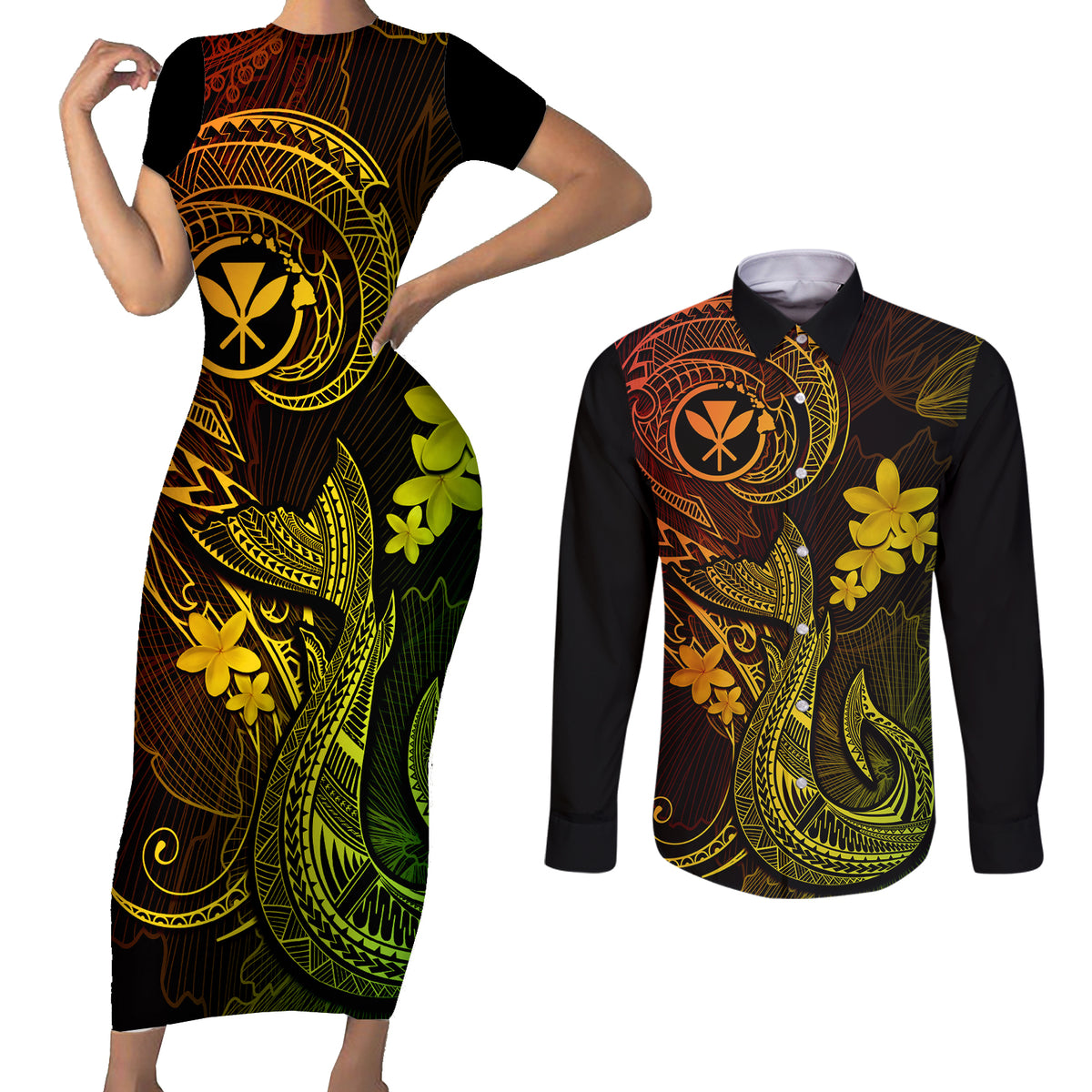 Hawaii Couples Matching Short Sleeve Bodycon Dress and Long Sleeve Button Shirts Fish Hook Tattoo Mix Polynesian Plumeria Reggae Version LT14 Reggae - Polynesian Pride
