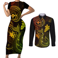 Hawaii Couples Matching Short Sleeve Bodycon Dress and Long Sleeve Button Shirts Fish Hook Tattoo Mix Polynesian Plumeria Reggae Version LT14 Reggae - Polynesian Pride