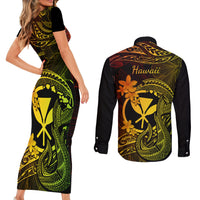 Hawaii Couples Matching Short Sleeve Bodycon Dress and Long Sleeve Button Shirts Fish Hook Tattoo Mix Polynesian Plumeria Reggae Version LT14 - Polynesian Pride