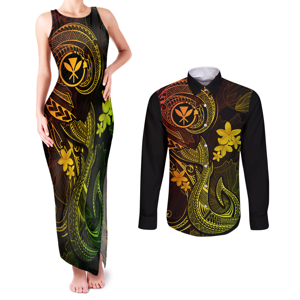 Hawaii Couples Matching Tank Maxi Dress and Long Sleeve Button Shirts Fish Hook Tattoo Mix Polynesian Plumeria Reggae Version LT14 Reggae - Polynesian Pride