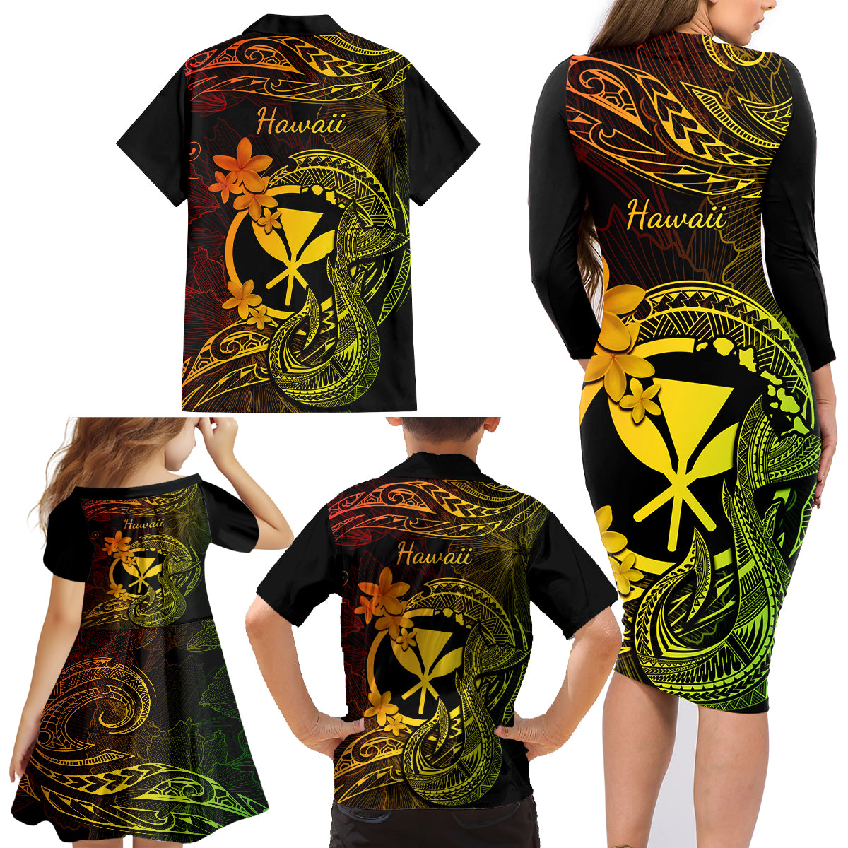 Hawaii Family Matching Long Sleeve Bodycon Dress and Hawaiian Shirt Fish Hook Tattoo Mix Polynesian Plumeria Reggae Version LT14 - Polynesian Pride