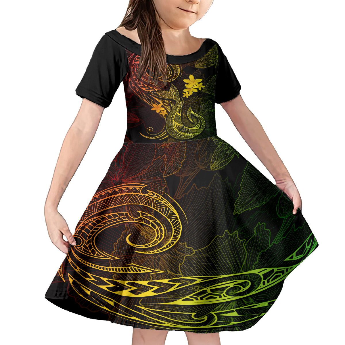 Hawaii Kid Short Sleeve Dress Fish Hook Tattoo Mix Polynesian Plumeria Reggae Version LT14 KID Reggae - Polynesian Pride