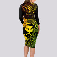 Hawaii Long Sleeve Bodycon Dress Fish Hook Tattoo Mix Polynesian Plumeria Reggae Version LT14 - Polynesian Pride