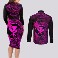 Hawaii Couples Matching Long Sleeve Bodycon Dress and Long Sleeve Button Shirts Fish Hook Tattoo Mix Polynesian Plumeria Pink Version LT14 - Polynesian Pride