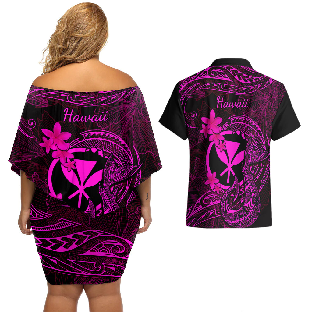 Hawaii Couples Matching Off Shoulder Short Dress and Hawaiian Shirt Fish Hook Tattoo Mix Polynesian Plumeria Pink Version LT14 - Polynesian Pride