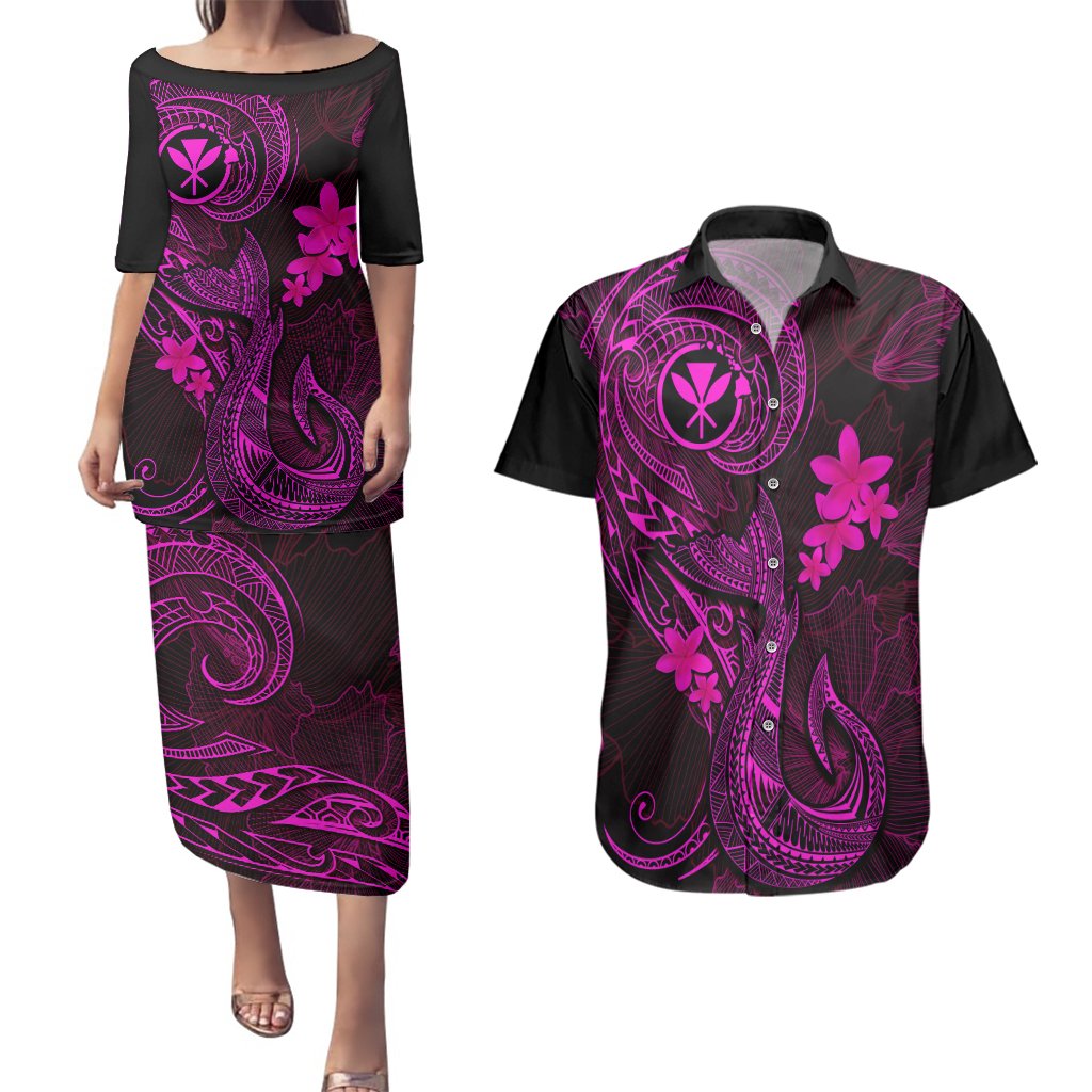 Hawaii Couples Matching Puletasi Dress and Hawaiian Shirt Fish Hook Tattoo Mix Polynesian Plumeria Pink Version LT14 Pink - Polynesian Pride