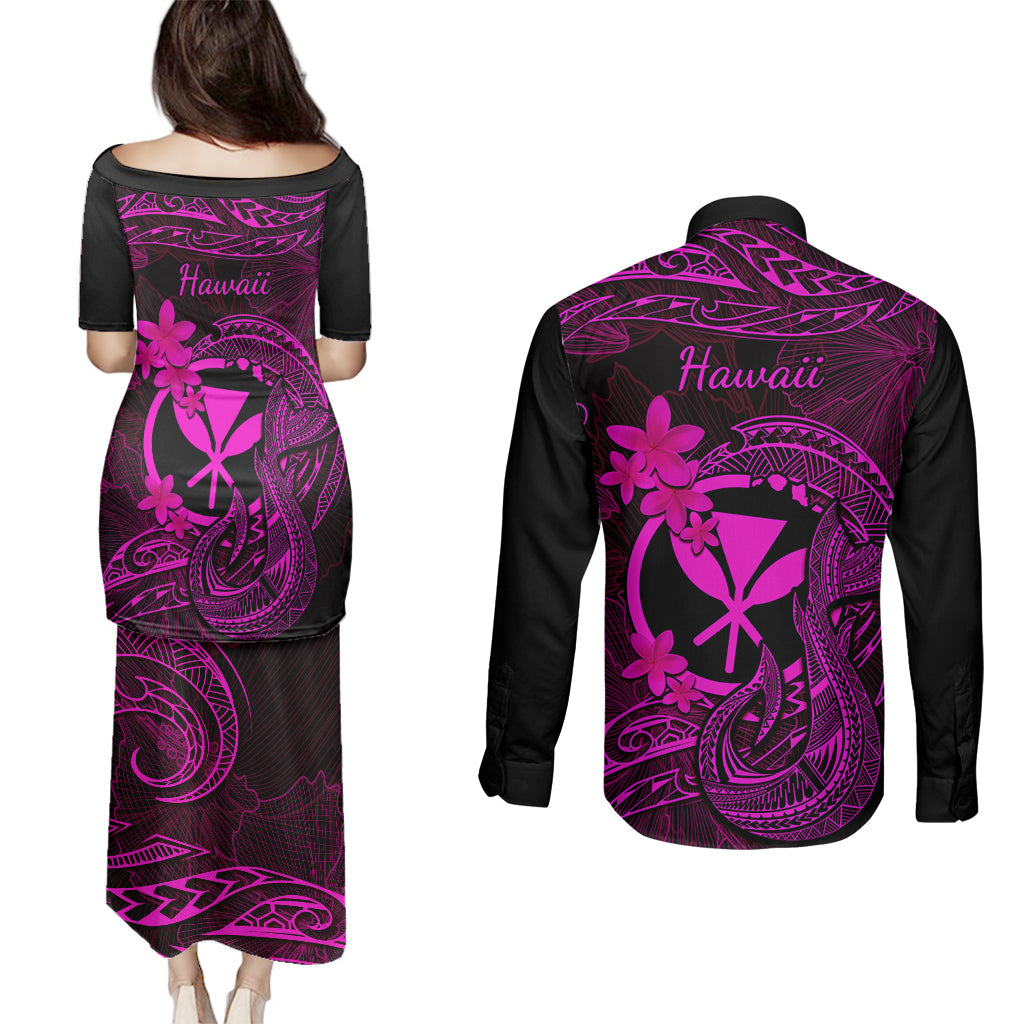 Hawaii Couples Matching Puletasi Dress and Long Sleeve Button Shirts Fish Hook Tattoo Mix Polynesian Plumeria Pink Version LT14 - Polynesian Pride