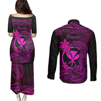 Hawaii Couples Matching Puletasi Dress and Long Sleeve Button Shirts Fish Hook Tattoo Mix Polynesian Plumeria Pink Version LT14 - Polynesian Pride