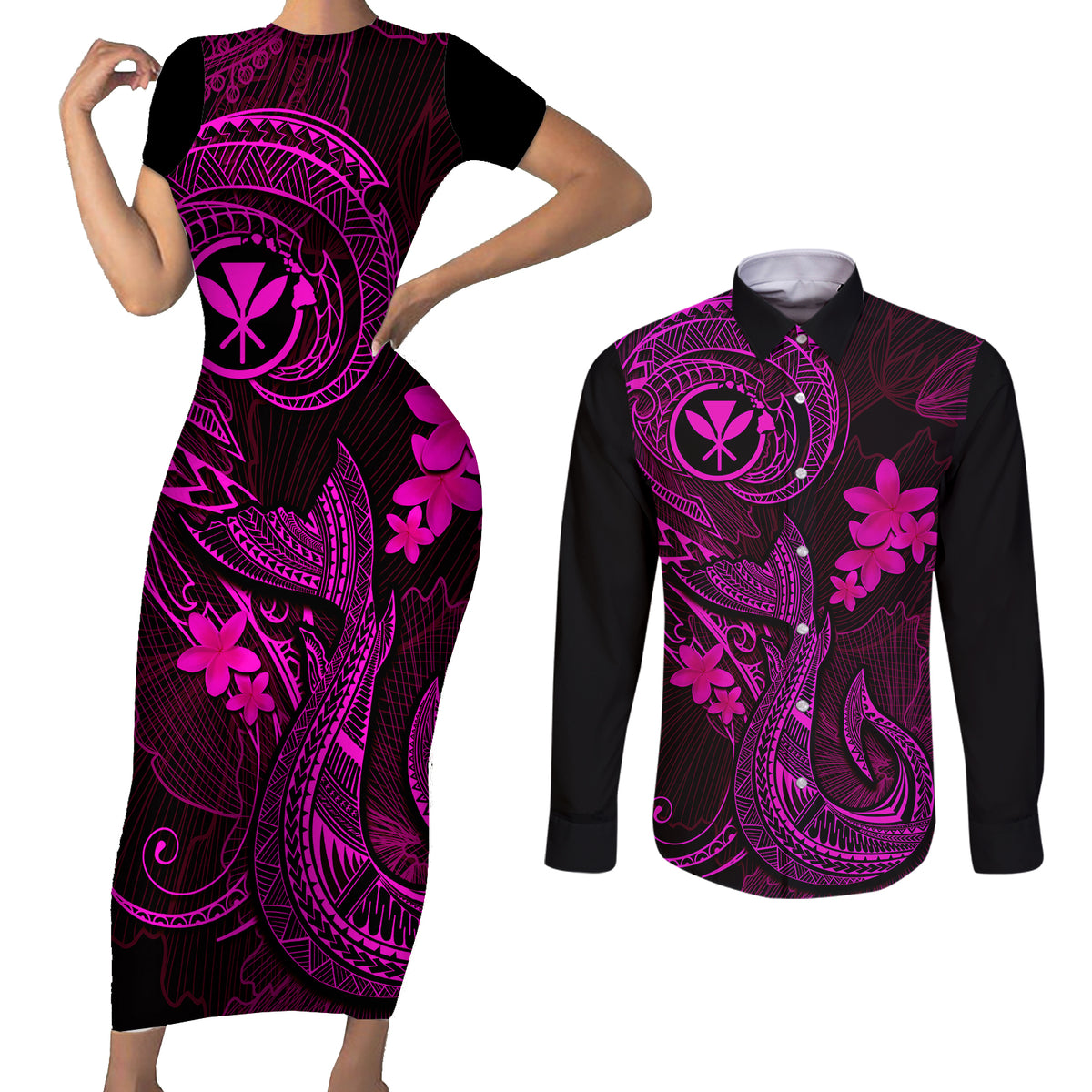 Hawaii Couples Matching Short Sleeve Bodycon Dress and Long Sleeve Button Shirts Fish Hook Tattoo Mix Polynesian Plumeria Pink Version LT14 Pink - Polynesian Pride