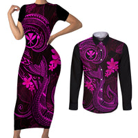 Hawaii Couples Matching Short Sleeve Bodycon Dress and Long Sleeve Button Shirts Fish Hook Tattoo Mix Polynesian Plumeria Pink Version LT14 Pink - Polynesian Pride