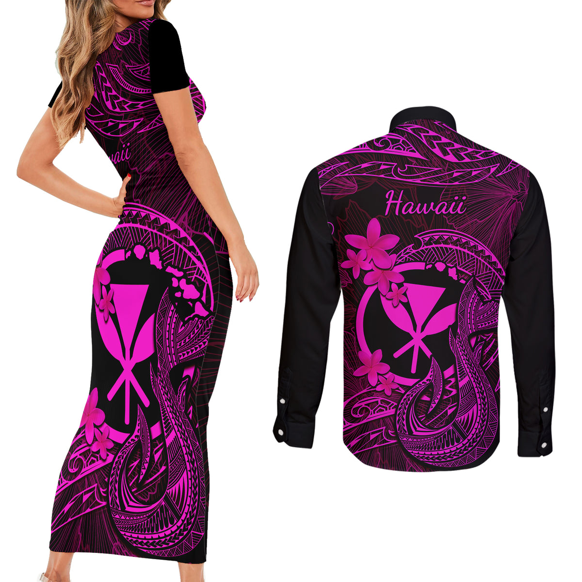 Hawaii Couples Matching Short Sleeve Bodycon Dress and Long Sleeve Button Shirts Fish Hook Tattoo Mix Polynesian Plumeria Pink Version LT14 - Polynesian Pride