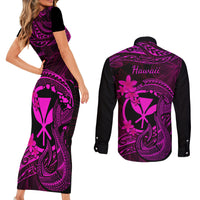 Hawaii Couples Matching Short Sleeve Bodycon Dress and Long Sleeve Button Shirts Fish Hook Tattoo Mix Polynesian Plumeria Pink Version LT14 - Polynesian Pride