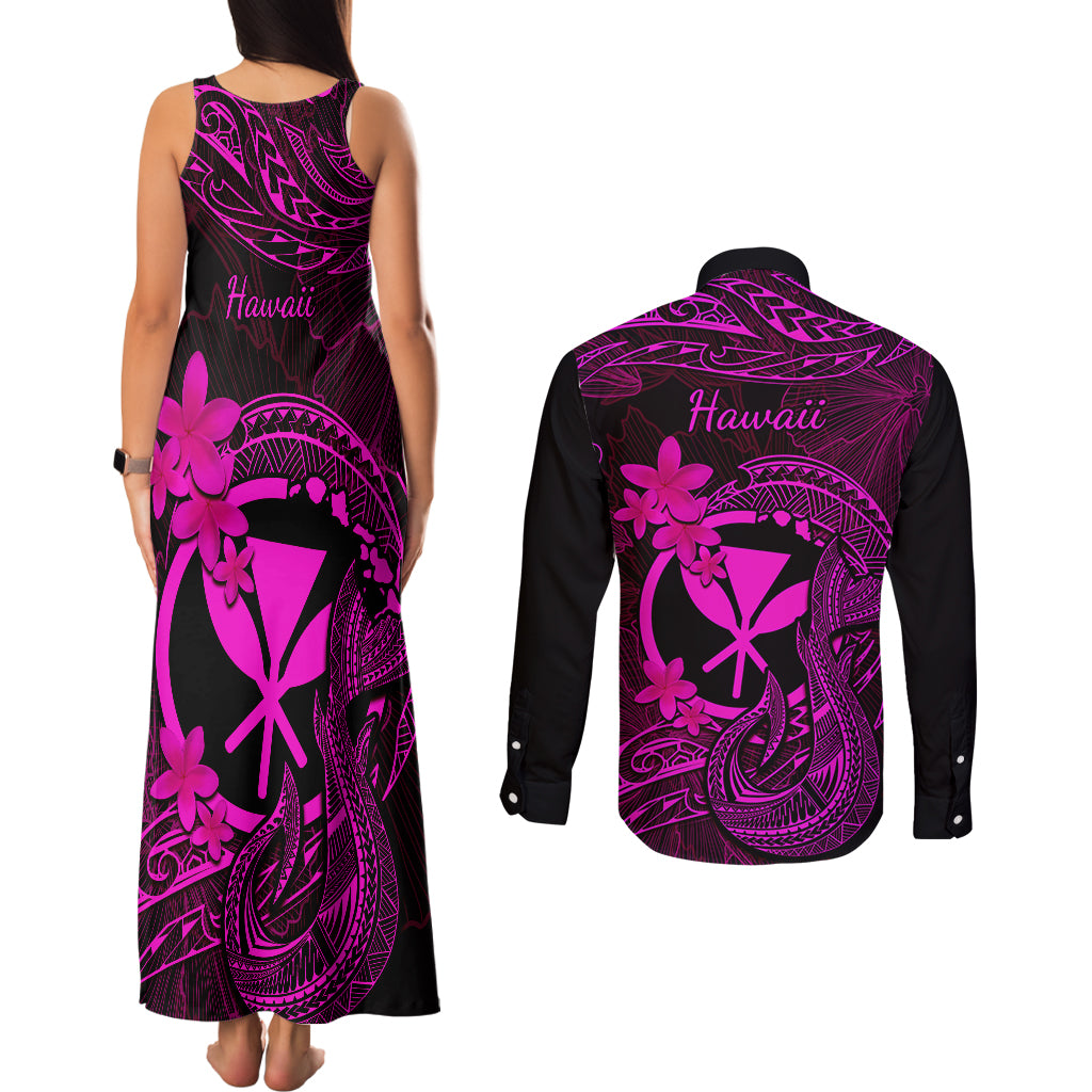 Hawaii Couples Matching Tank Maxi Dress and Long Sleeve Button Shirts Fish Hook Tattoo Mix Polynesian Plumeria Pink Version LT14 - Polynesian Pride