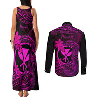 Hawaii Couples Matching Tank Maxi Dress and Long Sleeve Button Shirts Fish Hook Tattoo Mix Polynesian Plumeria Pink Version LT14 - Polynesian Pride