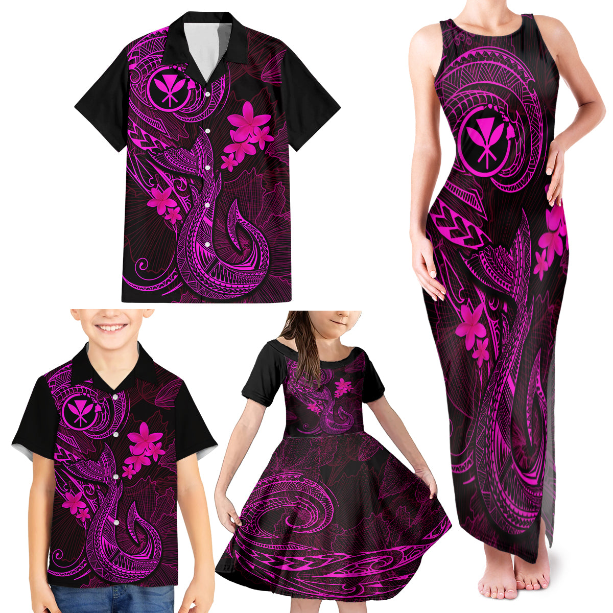 Hawaii Family Matching Tank Maxi Dress and Hawaiian Shirt Fish Hook Tattoo Mix Polynesian Plumeria Pink Version LT14 - Polynesian Pride