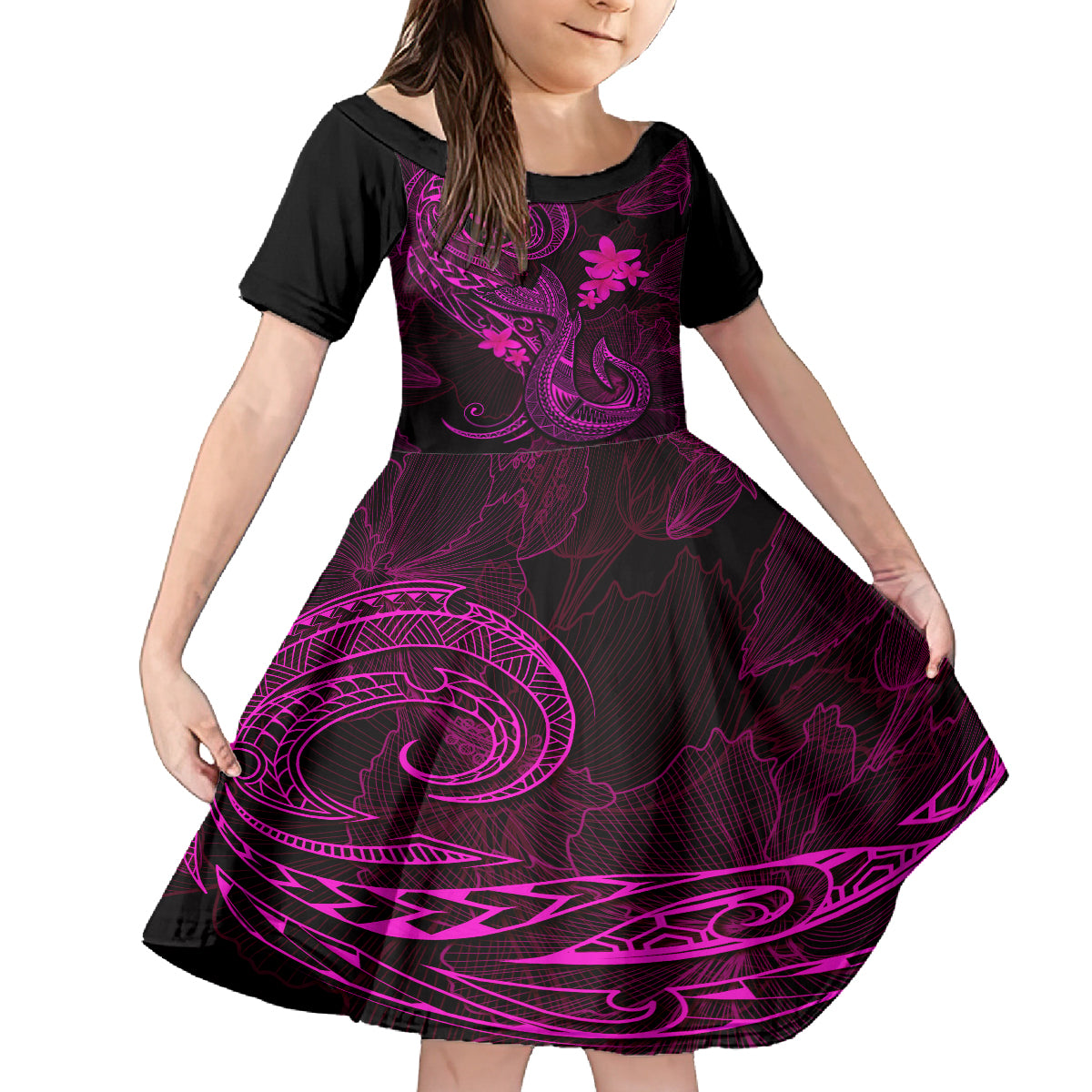 Hawaii Kid Short Sleeve Dress Fish Hook Tattoo Mix Polynesian Plumeria Pink Version LT14 KID Pink - Polynesian Pride