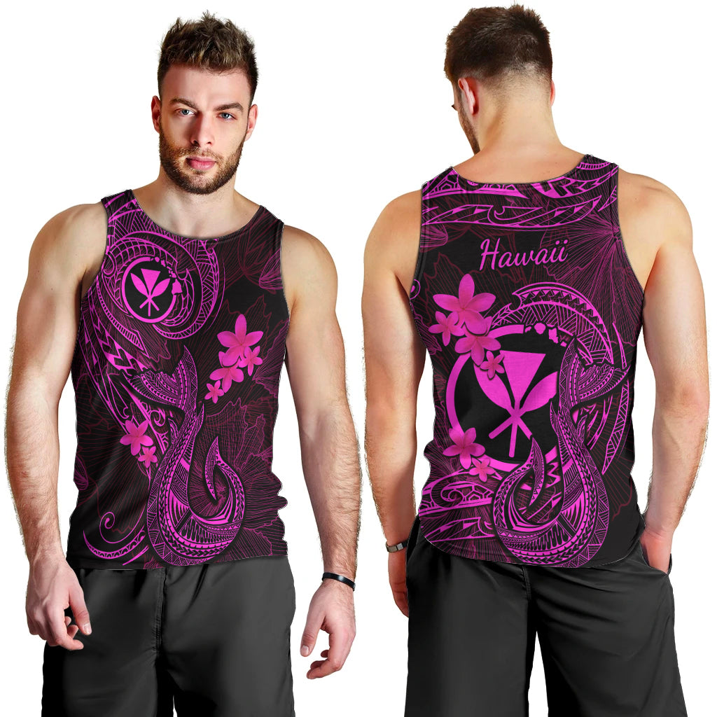 Hawaii Men Tank Top Fish Hook Tattoo Mix Polynesian Plumeria Pink Version LT14 - Polynesian Pride