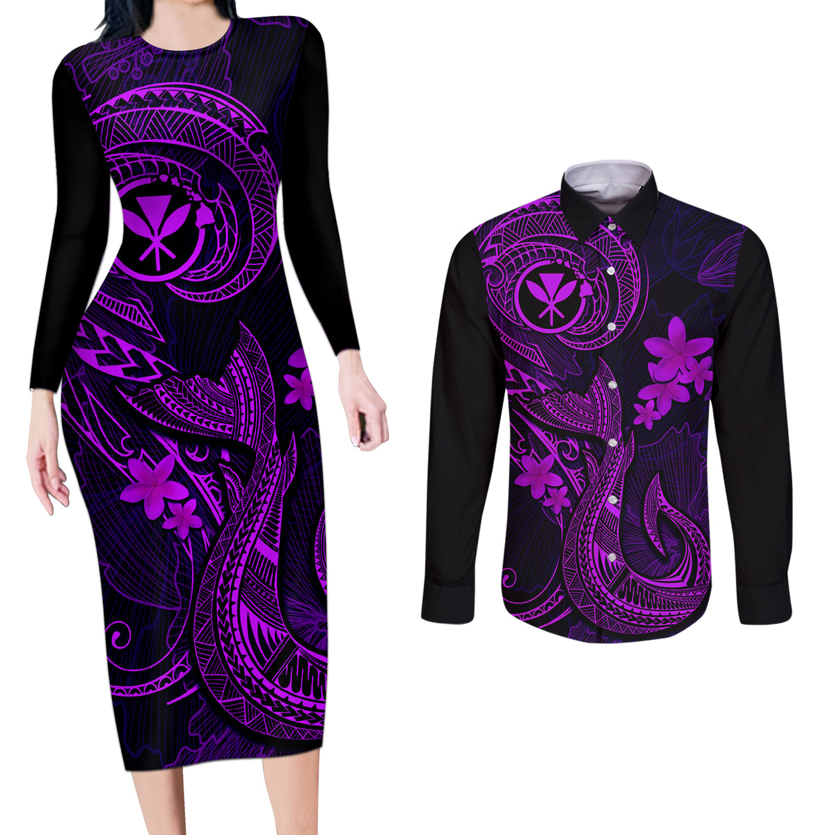 Hawaii Couples Matching Long Sleeve Bodycon Dress and Long Sleeve Button Shirts Fish Hook Tattoo Mix Polynesian Plumeria Purple Version LT14 Purple - Polynesian Pride