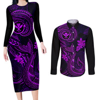 Hawaii Couples Matching Long Sleeve Bodycon Dress and Long Sleeve Button Shirts Fish Hook Tattoo Mix Polynesian Plumeria Purple Version LT14 Purple - Polynesian Pride