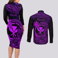 Hawaii Couples Matching Long Sleeve Bodycon Dress and Long Sleeve Button Shirts Fish Hook Tattoo Mix Polynesian Plumeria Purple Version LT14 - Polynesian Pride