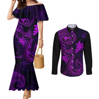 Hawaii Couples Matching Mermaid Dress and Long Sleeve Button Shirts Fish Hook Tattoo Mix Polynesian Plumeria Purple Version LT14 Purple - Polynesian Pride