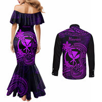 Hawaii Couples Matching Mermaid Dress and Long Sleeve Button Shirts Fish Hook Tattoo Mix Polynesian Plumeria Purple Version LT14 - Polynesian Pride