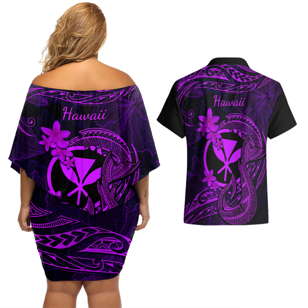Hawaii Couples Matching Off Shoulder Short Dress and Hawaiian Shirt Fish Hook Tattoo Mix Polynesian Plumeria Purple Version LT14 - Polynesian Pride