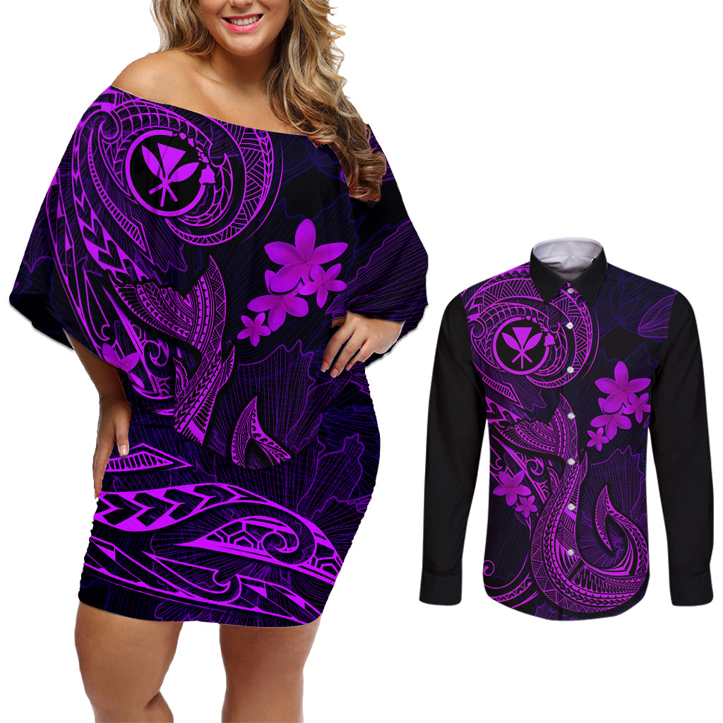 Hawaii Couples Matching Off Shoulder Short Dress and Long Sleeve Button Shirts Fish Hook Tattoo Mix Polynesian Plumeria Purple Version LT14 Purple - Polynesian Pride