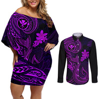 Hawaii Couples Matching Off Shoulder Short Dress and Long Sleeve Button Shirts Fish Hook Tattoo Mix Polynesian Plumeria Purple Version LT14 Purple - Polynesian Pride