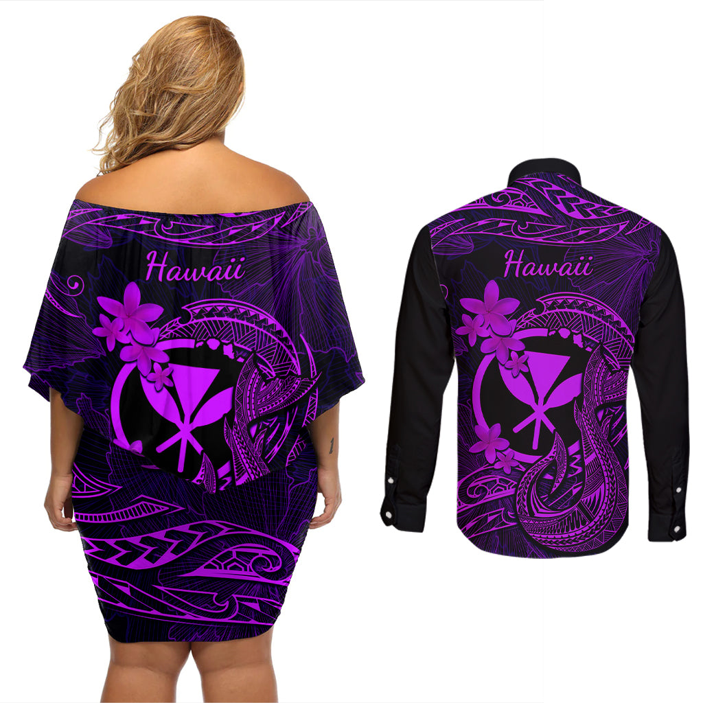 Hawaii Couples Matching Off Shoulder Short Dress and Long Sleeve Button Shirts Fish Hook Tattoo Mix Polynesian Plumeria Purple Version LT14 - Polynesian Pride