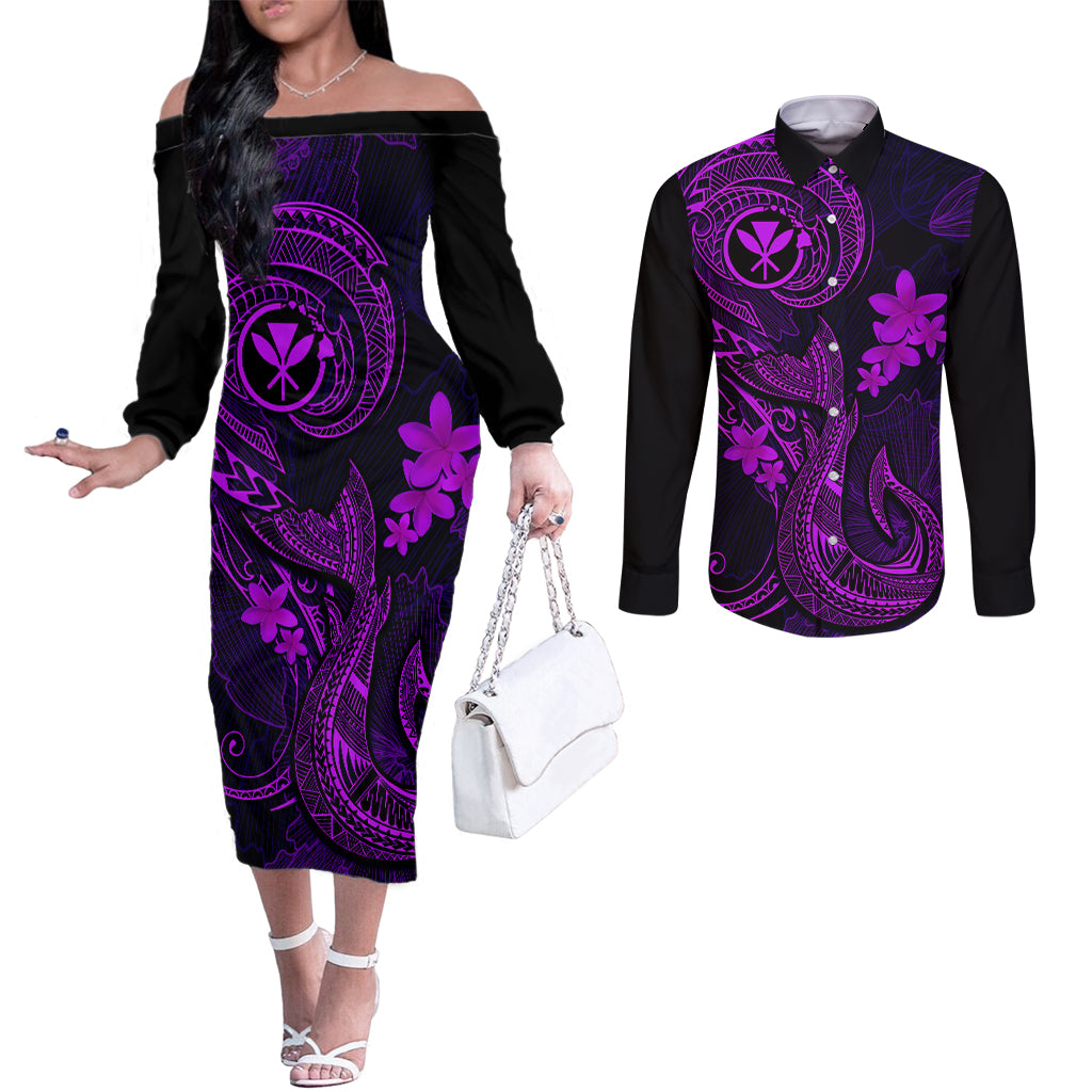 Hawaii Couples Matching Off The Shoulder Long Sleeve Dress and Long Sleeve Button Shirts Fish Hook Tattoo Mix Polynesian Plumeria Purple Version LT14 Purple - Polynesian Pride