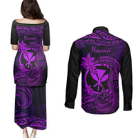 Hawaii Couples Matching Puletasi Dress and Long Sleeve Button Shirts Fish Hook Tattoo Mix Polynesian Plumeria Purple Version LT14 - Polynesian Pride