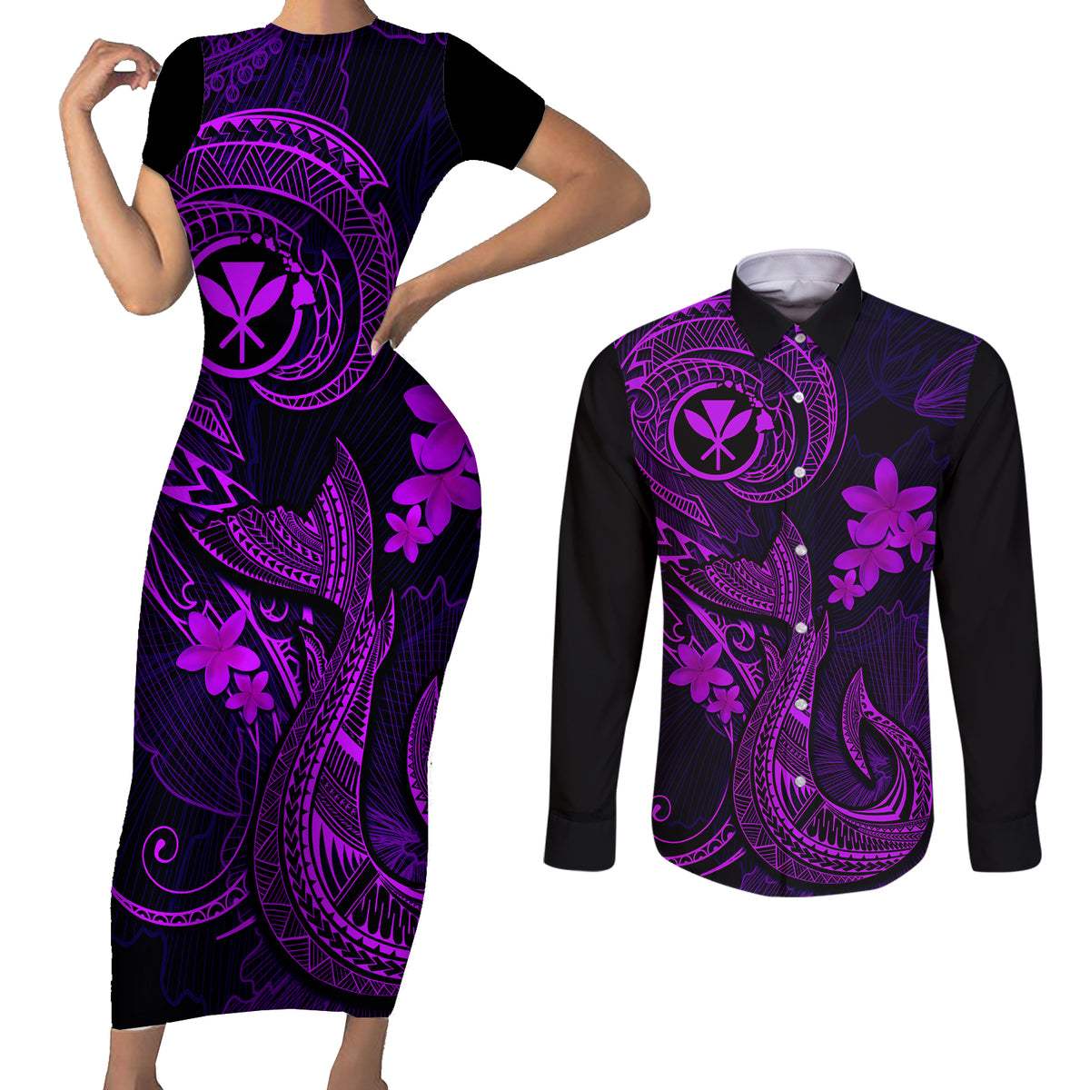 Hawaii Couples Matching Short Sleeve Bodycon Dress and Long Sleeve Button Shirts Fish Hook Tattoo Mix Polynesian Plumeria Purple Version LT14 Purple - Polynesian Pride