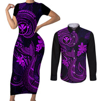 Hawaii Couples Matching Short Sleeve Bodycon Dress and Long Sleeve Button Shirts Fish Hook Tattoo Mix Polynesian Plumeria Purple Version LT14 Purple - Polynesian Pride