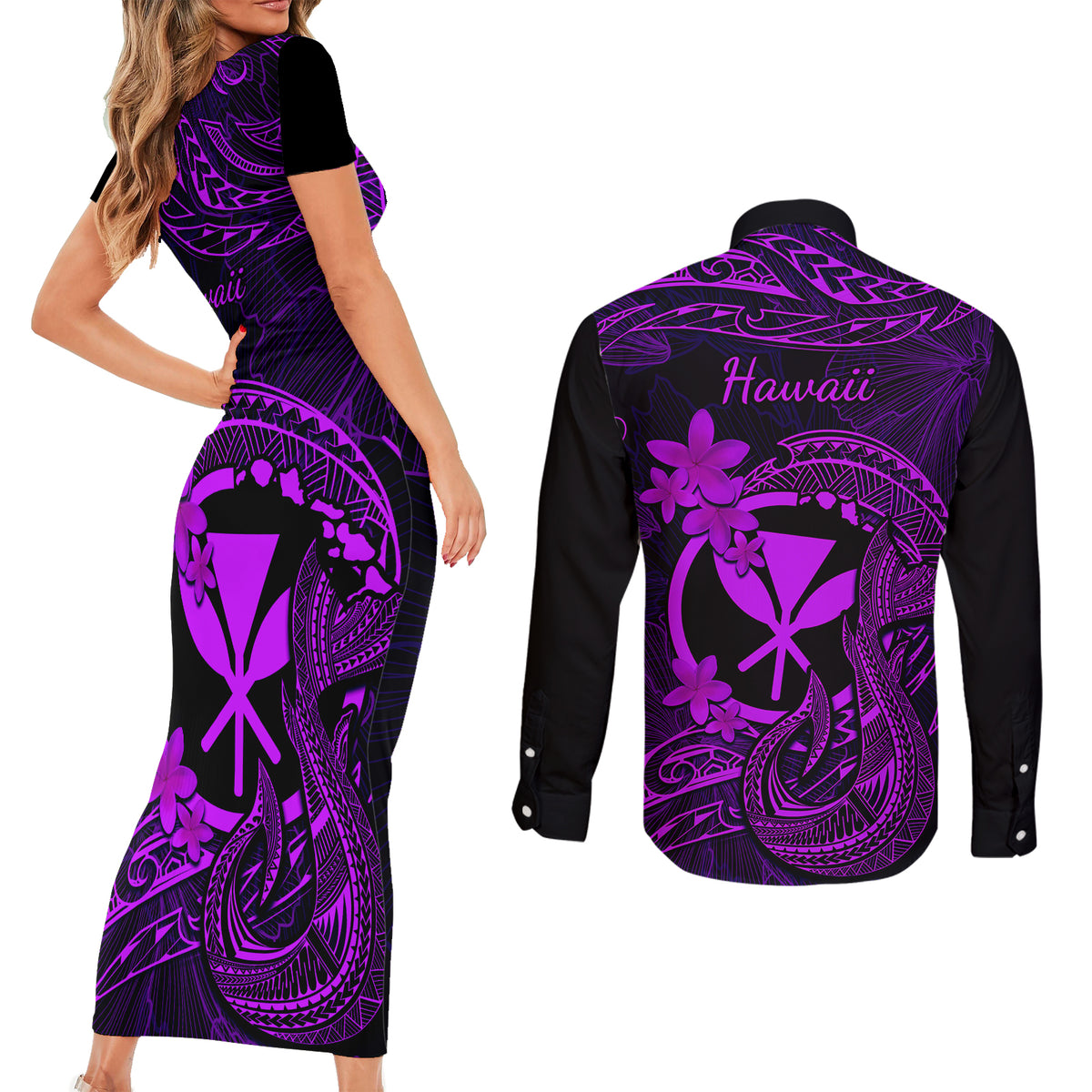 Hawaii Couples Matching Short Sleeve Bodycon Dress and Long Sleeve Button Shirts Fish Hook Tattoo Mix Polynesian Plumeria Purple Version LT14 - Polynesian Pride