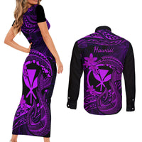 Hawaii Couples Matching Short Sleeve Bodycon Dress and Long Sleeve Button Shirts Fish Hook Tattoo Mix Polynesian Plumeria Purple Version LT14 - Polynesian Pride