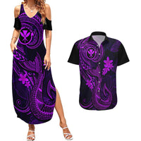 Hawaii Couples Matching Summer Maxi Dress and Hawaiian Shirt Fish Hook Tattoo Mix Polynesian Plumeria Purple Version LT14 Purple - Polynesian Pride