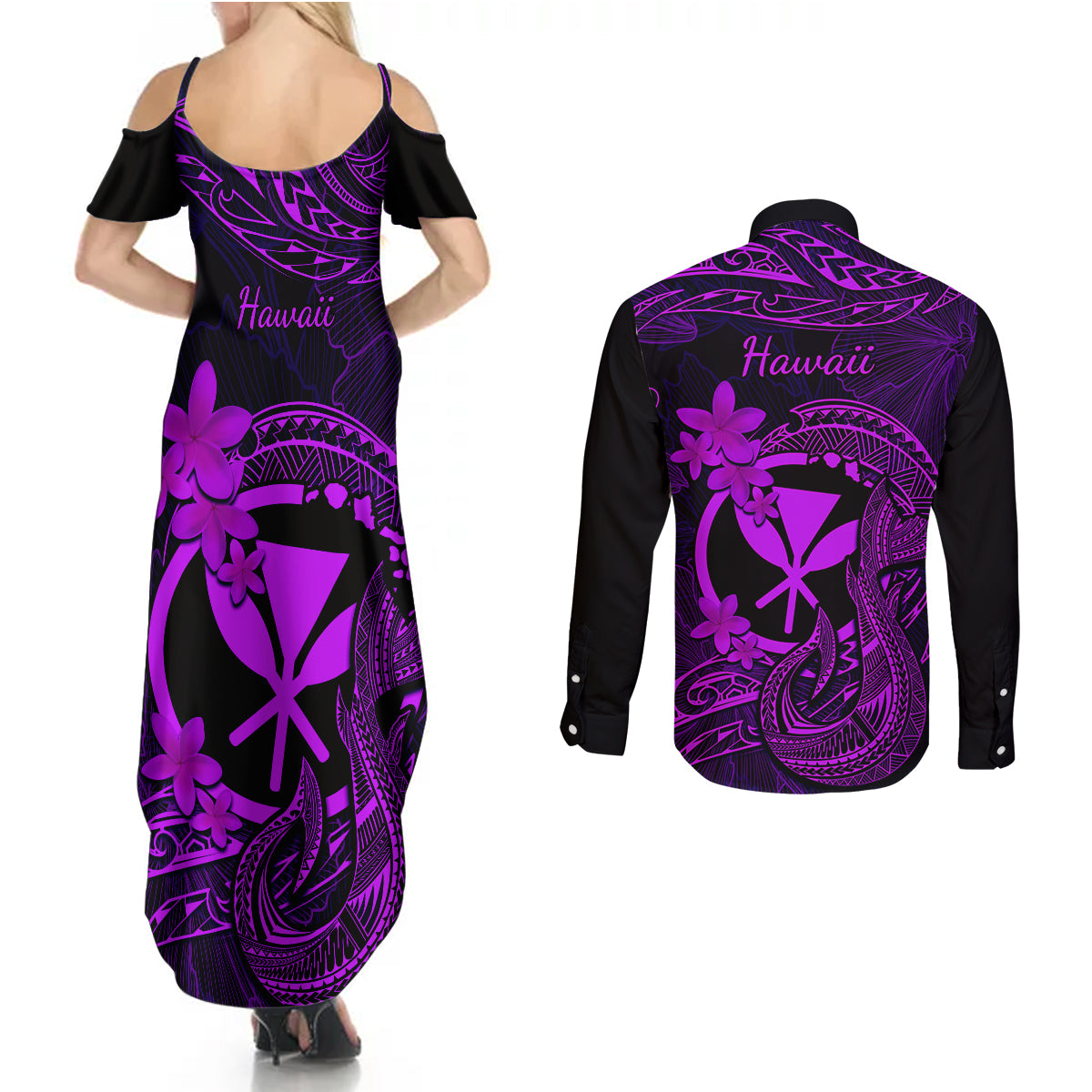 Hawaii Couples Matching Summer Maxi Dress and Long Sleeve Button Shirts Fish Hook Tattoo Mix Polynesian Plumeria Purple Version LT14 - Polynesian Pride