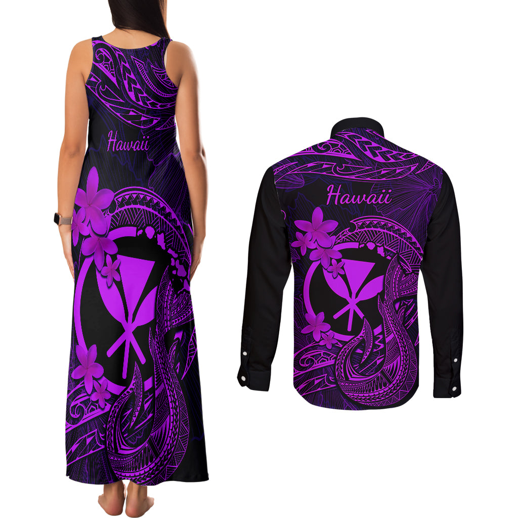 Hawaii Couples Matching Tank Maxi Dress and Long Sleeve Button Shirts Fish Hook Tattoo Mix Polynesian Plumeria Purple Version LT14 - Polynesian Pride
