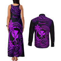 Hawaii Couples Matching Tank Maxi Dress and Long Sleeve Button Shirts Fish Hook Tattoo Mix Polynesian Plumeria Purple Version LT14 - Polynesian Pride