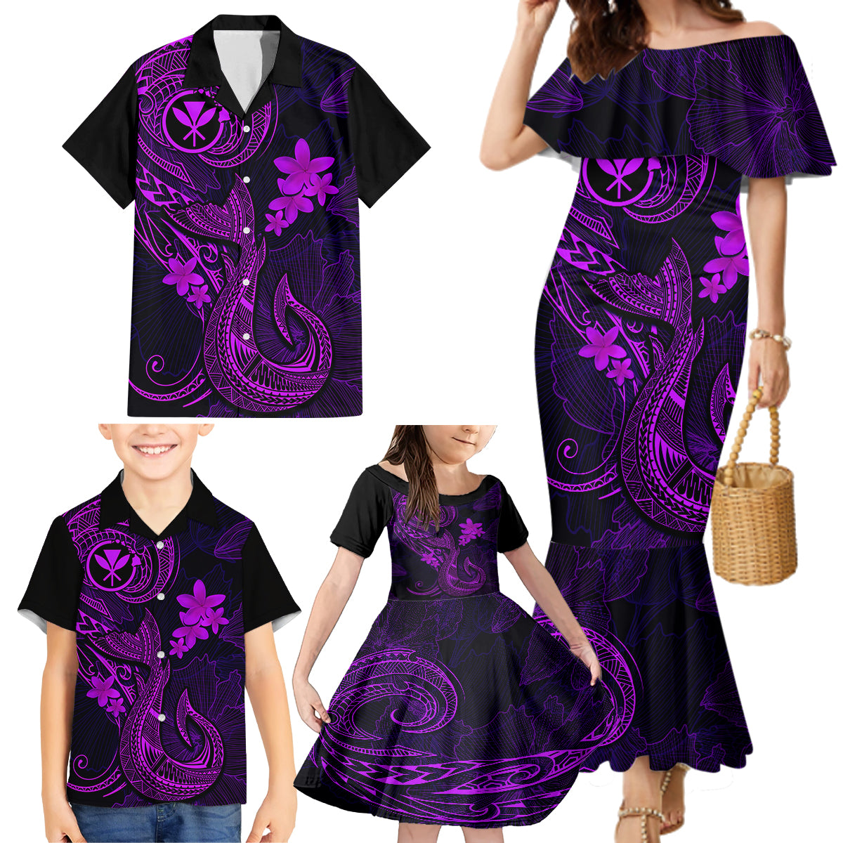 Hawaii Family Matching Mermaid Dress and Hawaiian Shirt Fish Hook Tattoo Mix Polynesian Plumeria Purple Version LT14 - Polynesian Pride