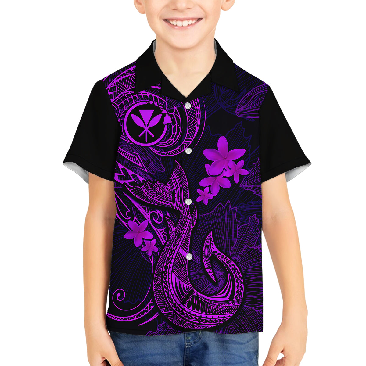 Hawaii Family Matching Off Shoulder Maxi Dress and Hawaiian Shirt Fish Hook Tattoo Mix Polynesian Plumeria Purple Version LT14 Son's Shirt Purple - Polynesian Pride