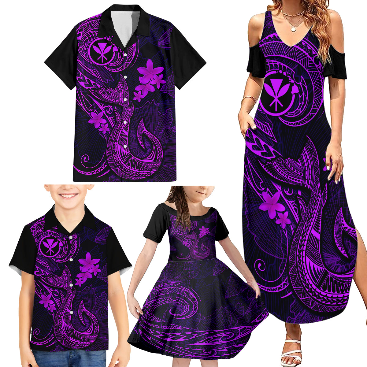 Hawaii Family Matching Summer Maxi Dress and Hawaiian Shirt Fish Hook Tattoo Mix Polynesian Plumeria Purple Version LT14 - Polynesian Pride