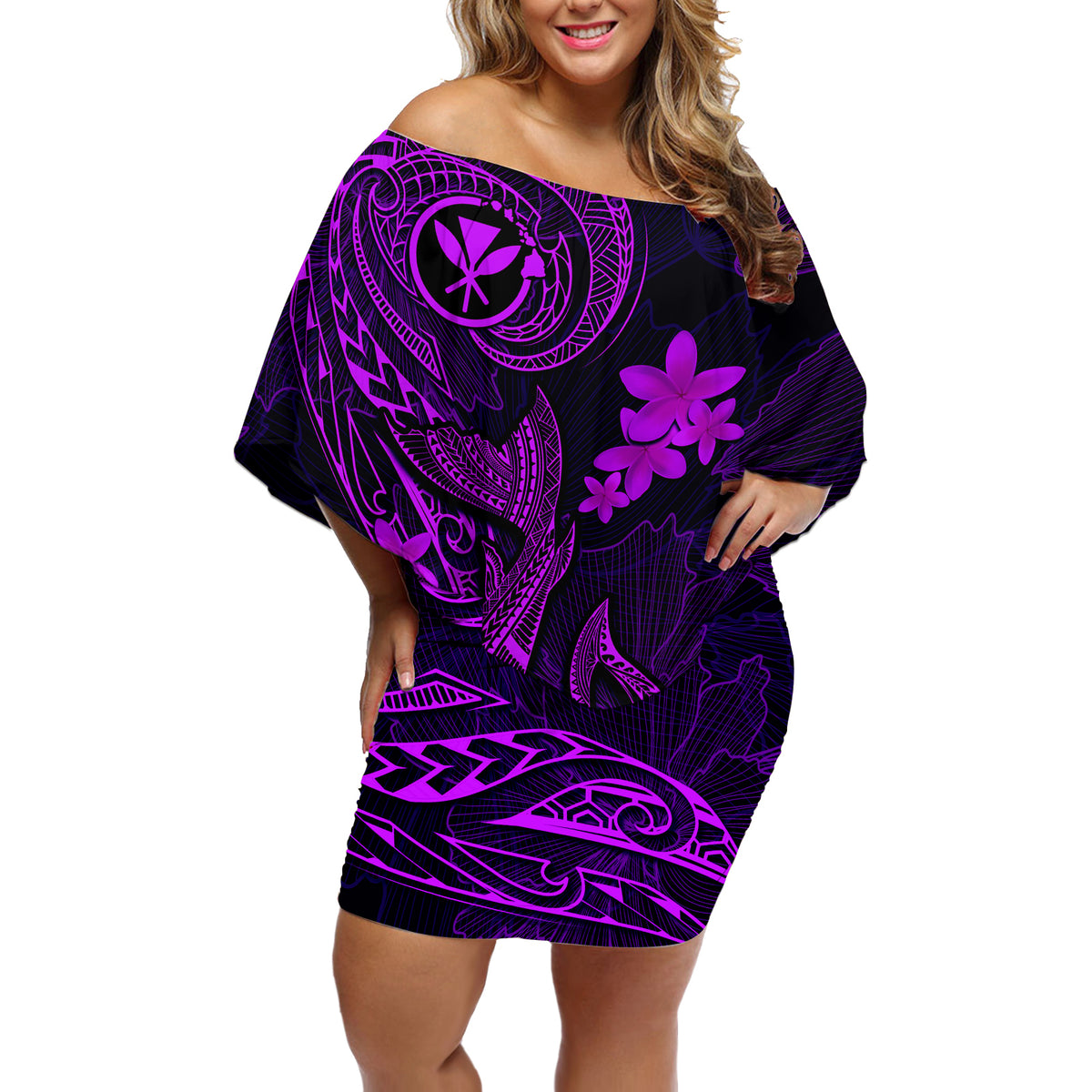 Hawaii Off Shoulder Short Dress Fish Hook Tattoo Mix Polynesian Plumeria Purple Version LT14 Women Purple - Polynesian Pride