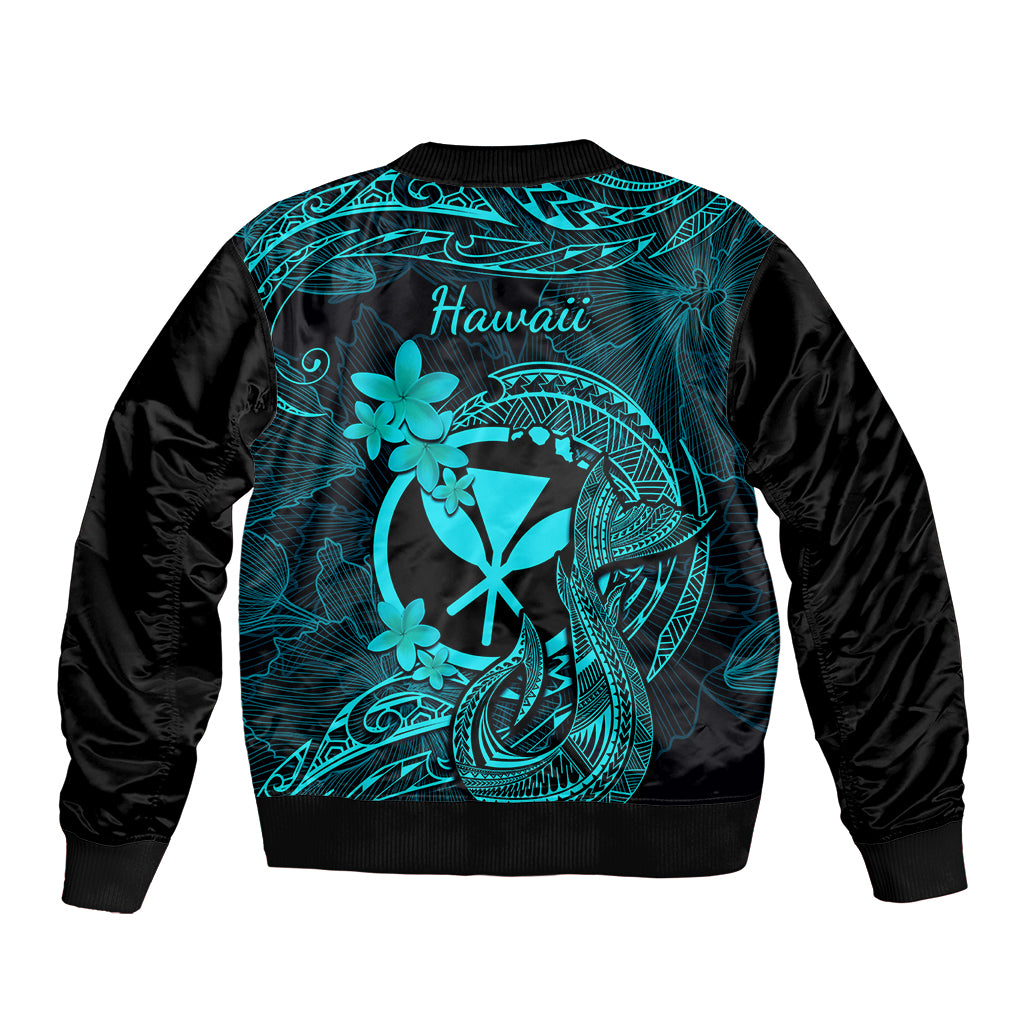 Hawaii Bomber Jacket Fish Hook Tattoo Mix Polynesian Plumeria Turquoise Version LT14 - Polynesian Pride